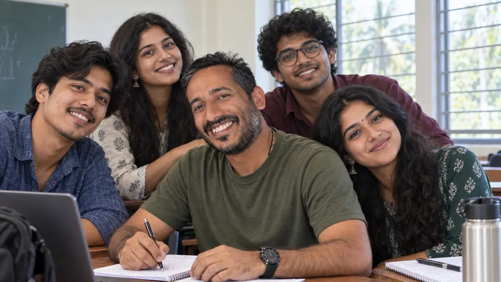 Aneesh John with fellow students in a bright college classroom